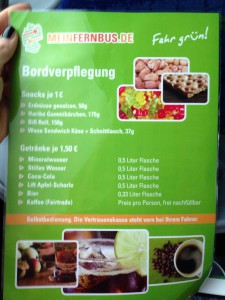 Die Fernbus Snackkarte.